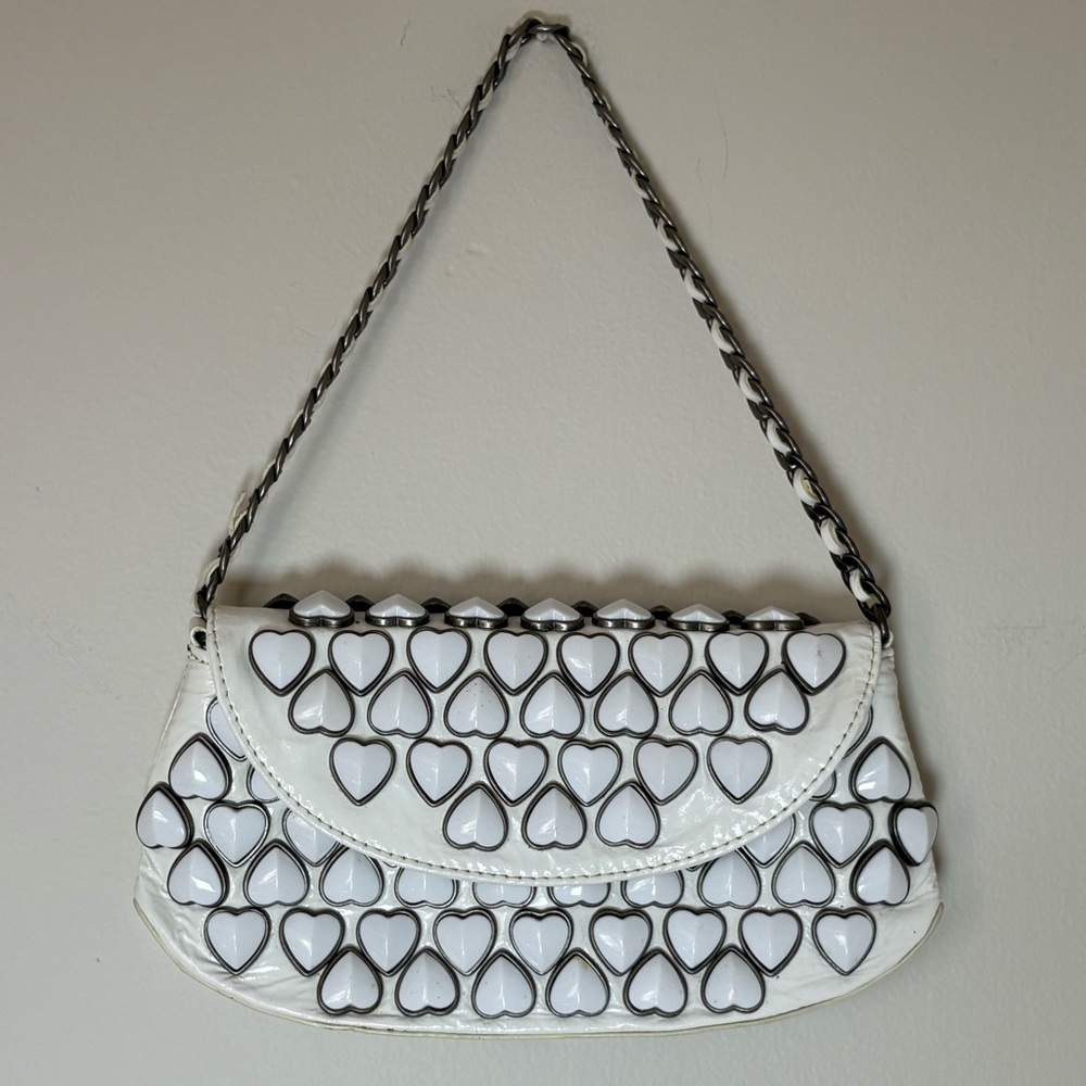 Vintage Betsey Johnson Y2K White Heart Leather Handbag Clutch Heavy